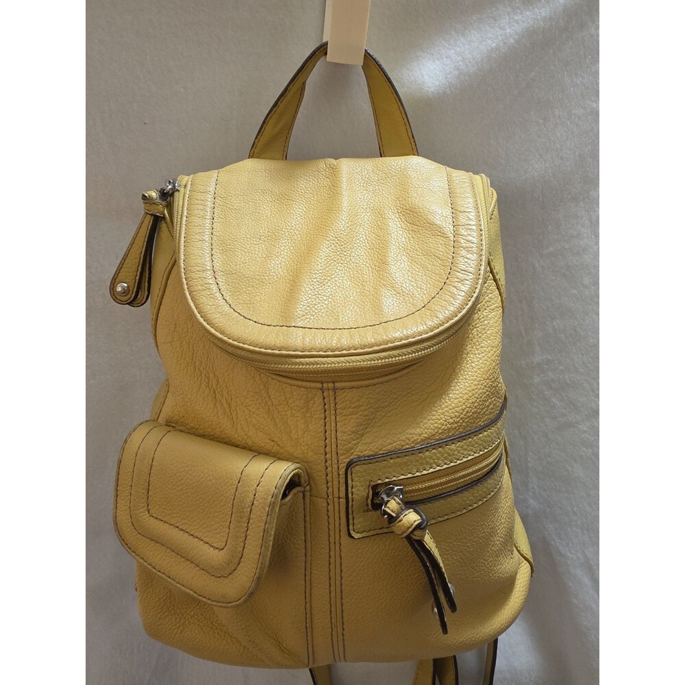 Tignanello Pebbled Leather Yellow Medium Backpack And Keychain.